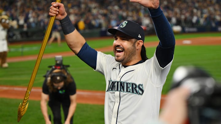 Oct 17, 2025; Seattle, Washington, USA; Seattle Mariners third baseman Eugenio Suarez (28) celebrates after winning game five of the ALCS round for the 2025 MLB playoffs against the Toronto Blue Jays at T-Mobile Park. Mandatory Credit: Steven Bisig-Imagn Images