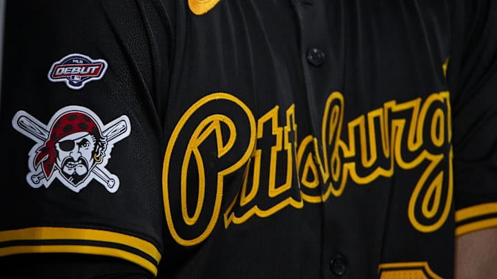 Sep 16, 2024; St. Louis, Missouri, USA;  A general view of the Major League debut patch on the jersey of Pittsburgh Pirates second baseman Nick Yorke (38) during the second inning against the St. Louis Cardinals at Busch Stadium. Mandatory Credit: Jeff Curry-Imagn Images