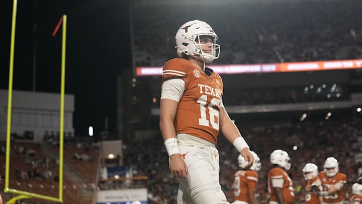 Nov 28, 2025; Austin, Texas, USA; Texas Longhorns quarterback Arch Manning warms up before a game against the Texas A&M Aggies at Darrell K Royal-Texas Memorial Stadium. Mandatory Credit: Scott Wachter-Imagn Images