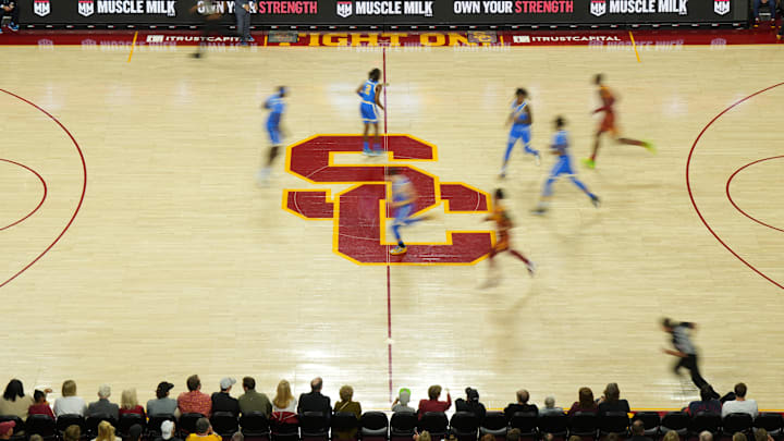 Jan 27, 2024; Los Angeles, California, USA; The SC logo at center court.