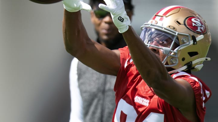 Jul 23, 2025; Santa Clara, CA, USA; San Francisco 49ers wide receiver Russell Gage (84) hauls in a pas during the first day of training camp at SAP Performance Facility. Mandatory Credit: D. Ross Cameron-Imagn Images