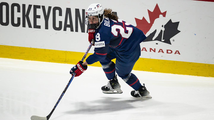 USA's Hannah Bilka looks for an open teammate at the Adirondack Bank Center in Utica, NY on Saturday, April 13, 2024.