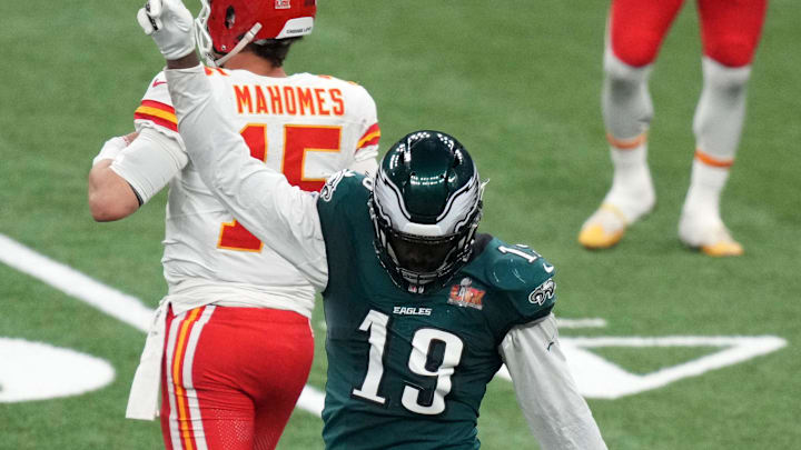 Feb 9, 2025; New Orleans, LA, USA; Philadelphia Eagles linebacker Josh Sweat (19) reacts after getting a sack on Kansas City Chiefs quarterback Patrick Mahomes (15) during the third quarter in Super Bowl LIX at Caesars Superdome. Mandatory Credit: Kirby Lee-Imagn Images