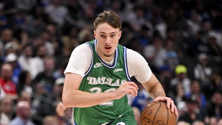 Oct 26, 2025; Dallas, Texas, USA; Dallas Mavericks forward Cooper Flagg (32) brings the ball up court against the Toronto Raptors during the second half at the American Airlines Center. Mandatory Credit: Jerome Miron-Imagn Images