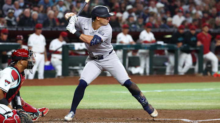 Apr 1, 2024; Phoenix, Arizona, USA; New York Yankees shortstop Anthony Volpe against the Arizona Diamondbacks at Chase Field. Mandatory Credit: Mark J. Rebilas-Imagn Images Apr 1, 2024; Phoenix, Arizona, USA; New York Yankees shortstop Anthony Volpe against the Arizona Diamondbacks at Chase Field. Mandatory Credit: Mark J. Rebilas-Imagn Images