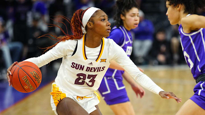 ASU guard Jalyn Brown (23) dribbles against GCU guard Trinity San Antonio (23) during a game at Footprint Center on Nov. 14, 2024, in Phoenix, Ariz.