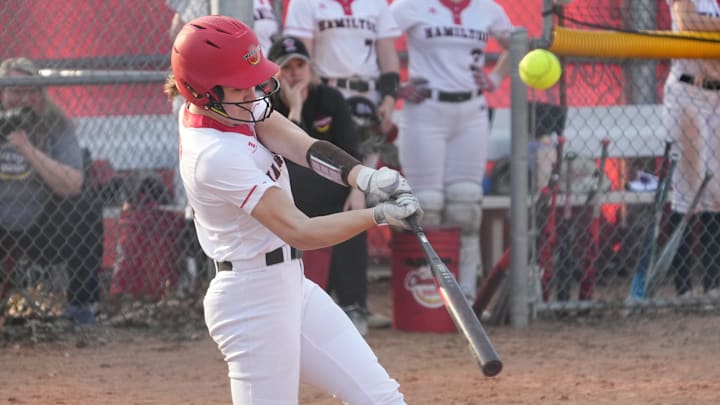 Sussex Hamilton's Hope Lehnen (8) takes a hard swing versus Hartford in a non-conference softball game on March 25, 2026.