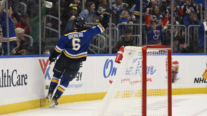 Dec 27, 2024; St. Louis, Missouri, USA; St. Louis Blues defenseman Philip Broberg (6) reacts after scoring a goal against the Nashville Predators during the second period at Enterprise Center. Mandatory Credit: Jeff Le-Imagn Images