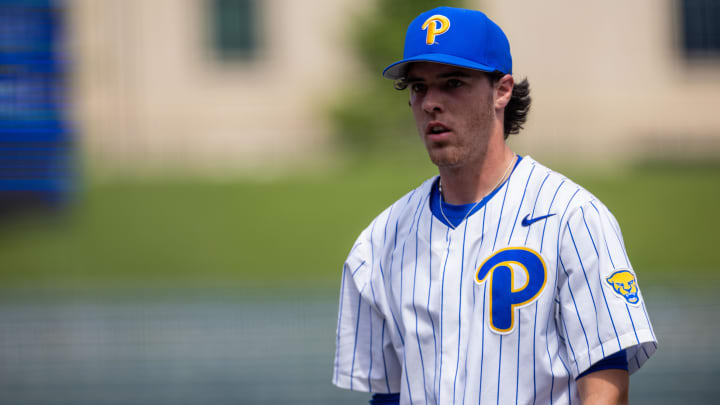 May 23, 2024; Charlotte, NC, USA; Pittsburgh Panthers pitcher Ryan Andrade (29) walks off after the first inning against the North Carolina Tar Heels during the ACC Baseball Tournament at Truist Field. Mandatory Credit: Scott Kinser-USA TODAY Sports