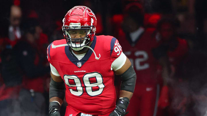 Nov 26, 2023; Houston, Texas, USA; Houston Texans defensive tackle Sheldon Rankins (98) is introduced before playing against the Jacksonville Jaguars at NRG Stadium. Mandatory Credit: Thomas Shea-Imagn Images