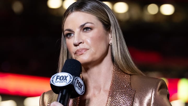 Fox Sports sideline reporter Erin Andrews during the Kansas City Chiefs game against the Philadelphia Eagles in Super Bowl LIX at Ceasars Superdome.