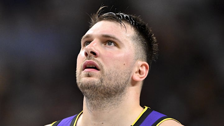 Apr 9, 2025; Dallas, Texas, USA; Los Angeles Lakers guard Luka Doncic (77) during the game between the Dallas Mavericks and the Los Angeles Lakers at American Airlines Center. Mandatory Credit: Jerome Miron-Imagn Images