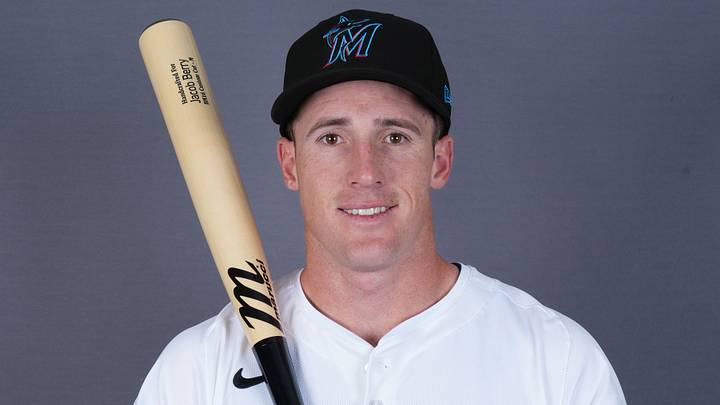 Feb 19, 2025; Jupiter, FL, USA;  Miami Marlins infielder Jacob Berry (58). Mandatory Credit: Jim Rassol-Imagn Images