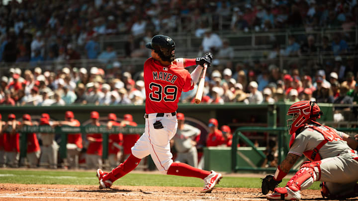 Marcelo Mayer takes a swing during a Red Sox Spring Training game on March 11, 2025, at JetBlue Park in Fort Myers, Florida.