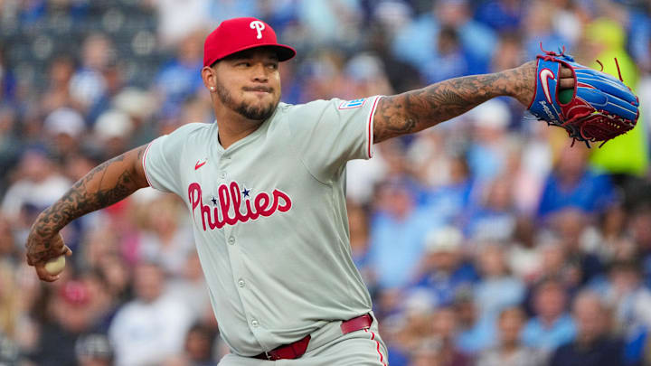 Aug 23, 2024; Kansas City, Missouri, USA; Philadelphia Phillies starting pitcher Taijuan Walker (99) delivers a pitch against the Kansas City Royals in the first inning at Kauffman Stadium.