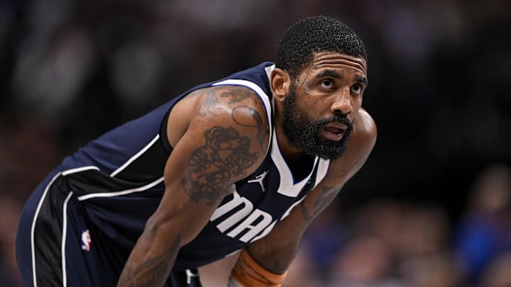 Feb 12, 2025; Dallas, Texas, USA; Dallas Mavericks guard Kyrie Irving (11) during the game between the Dallas Mavericks and the Golden State Warriors at the American Airlines Center. Mandatory Credit: Jerome Miron-Imagn Images