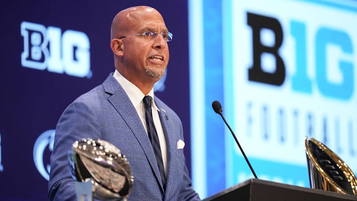 Penn State head coach James Franklin speaks to the media during Big Ten Football Media Days in Las Vegas.
