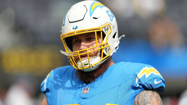 Aug 17, 2024; Inglewood, California, USA; Los Angeles Chargers guard Brenden Jaimes (64) during the game against the Los Angeles Rams at SoFi Stadium. Mandatory Credit: Kirby Lee-Imagn Images Aug 17, 2024; Inglewood, California, USA; Los Angeles Chargers guard Brenden Jaimes (64) during the game against the Los Angeles Rams at SoFi Stadium. Mandatory Credit: Kirby Lee-Imagn Images