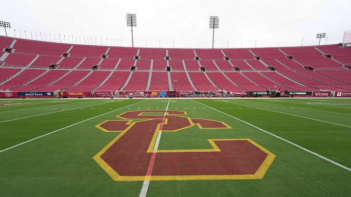 Sep 2, 2023; Los Angeles, California, USA; The Southern California Trojans logo at midfield at