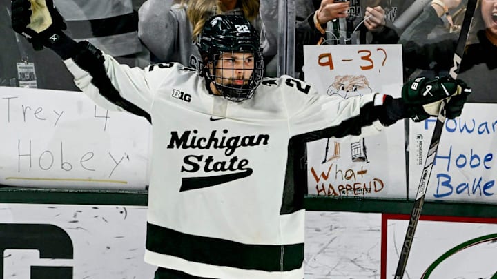 Michigan State's Isaac Howard celebrates after his goal to win a shootout against Minnesota on Saturday, Jan. 25, 2025, at Munn Arena in East Lansing.