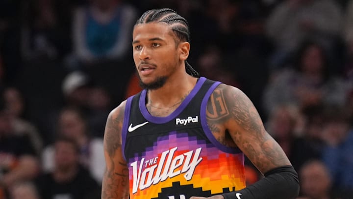 Mar 6, 2026; Phoenix, Arizona, USA; Phoenix Suns guard Jalen Green (4) dribbles against the New Orleans Pelicans during the first half at Mortgage Matchup Center. Mandatory Credit: Joe Camporeale-Imagn Images