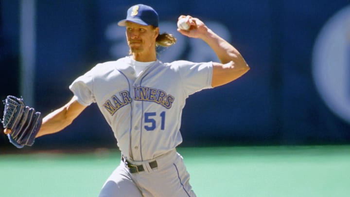 Seattle Mariners pitcher Randy Johnson throws against the Toronto Blue Jays on July 1, 1991, at the Skydome. Seattle Mariners pitcher Randy Johnson throws against the Toronto Blue Jays on July 1, 1991, at the Skydome.