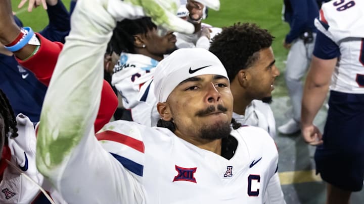 Nov 28, 2025; Tempe, Arizona, USA; Arizona Wildcats defensive back Treydan Stukes (2) celebrates after defeating the Arizona State Sun Devils during the 99th Territorial Cup at Mountain America Stadium. Mandatory Credit: Mark J. Rebilas-Imagn Images