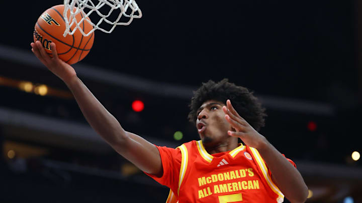 Mar 31, 2026; Glendale, AZ, USA; Jaxon Richardson (5) during the McDonalds All American Boys Game at Desert Diamond Arena. Mandatory Credit: Mark J. Rebilas-Imagn Images