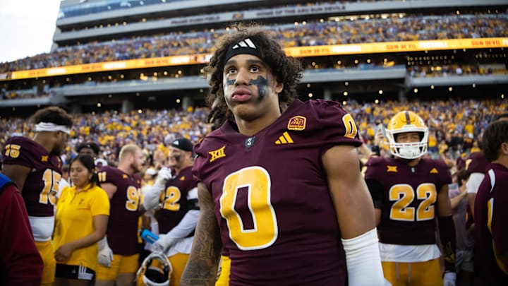 Nov 23, 2024; Tempe, Arizona, USA; Arizona State Sun Devils wide receiver Jordyn Tyson (0) against the Brigham Young Cougars at Mountain America Stadium. Mandatory Credit: Mark J. Rebilas-Imagn Images
Nov 23, 2024; Tempe, Arizona, USA; Arizona State Sun Devils wide receiver Jordyn Tyson (0) against the Brigham Young Cougars at Mountain America Stadium. Mandatory Credit: Mark J. Rebilas-Imagn Images