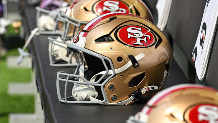 Sep 15, 2024; Minneapolis, Minnesota, USA; San Francisco 49ers helmets sits idle during the game against the Minnesota Vikings at U.S. Bank Stadium. Mandatory Credit: Jeffrey Becker-Imagn Images