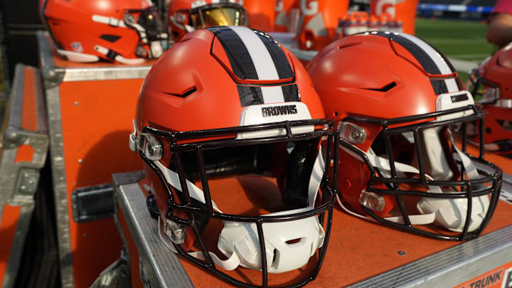 Dec 3, 2023; Inglewood, California, USA; Riddell speedflex Cleveland Browns helmets on the sidelines at SoFi Stadium. Mandatory Credit: Kirby Lee-Imagn Images