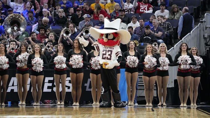 Mar 29, 2025; San Francisco, CA, USA; Texas Tech Red Raiders mascot Raider Red performs with cheerleaders prior to a game against the Florida Gators during the West Regional final of the 2025 NCAA tournament at Chase Center. Mandatory Credit: Kyle Terada-Imagn Images