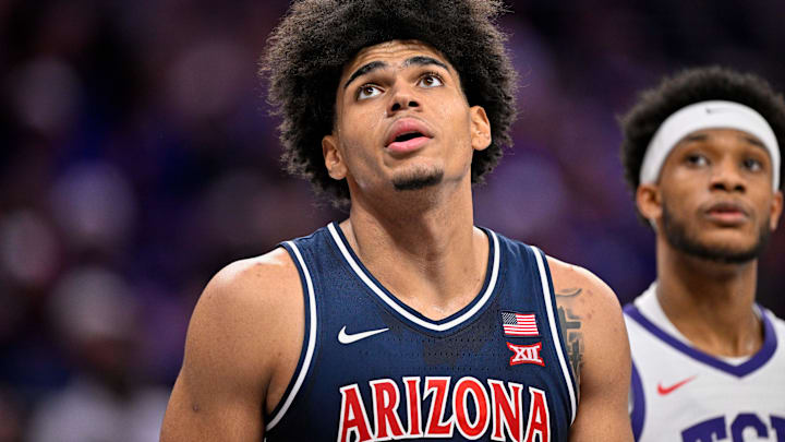 Jan 10, 2026; Fort Worth, Texas, USA; Arizona Wildcats forward Koa Peat (10) looks on during the game between the Horned Frogs and the Wildcats at Ed and Rae Schollmaier Arena. Mandatory Credit: Jerome Miron-Imagn Images