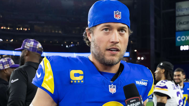 Jan 13, 2025; Glendale, AZ, USA; Los Angeles Rams quarterback Matthew Stafford (9) against the Minnesota Vikings during an NFC wild card game at State Farm Stadium. Mandatory Credit: Mark J. Rebilas-Imagn Images Jan 13, 2025; Glendale, AZ, USA; Los Angeles Rams quarterback Matthew Stafford (9) against the Minnesota Vikings during an NFC wild card game at State Farm Stadium. Mandatory Credit: Mark J. Rebilas-Imagn Images