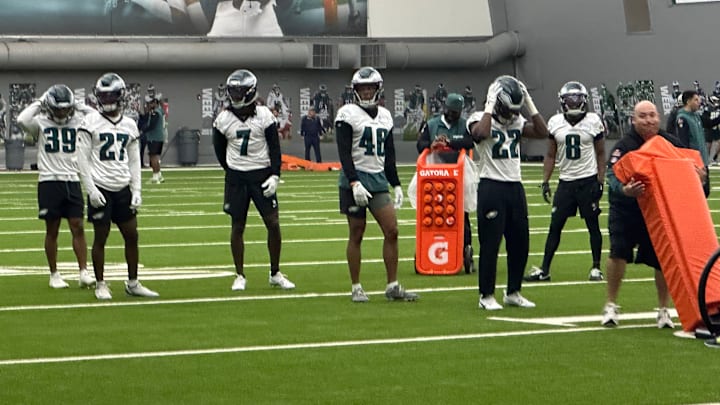 The Philadelphia Eagles defense gets ready for a drill during the team's OTA on May 28, 2025.