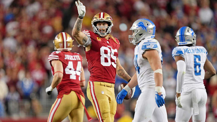 Jan 28, 2024; Santa Clara, California, USA; San Francisco 49ers tight end George Kittle (85) reacts
