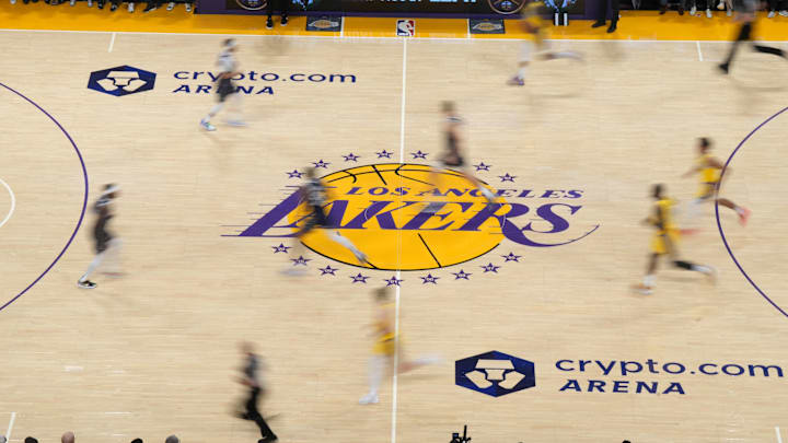 Jan 17, 2024; Los Angeles, California, USA; The Los Angeles Lakers logo at center court during the game against the Dallas Mavericks at the Crypto.com Arena. Mandatory Credit: Kirby Lee-Imagn Images
