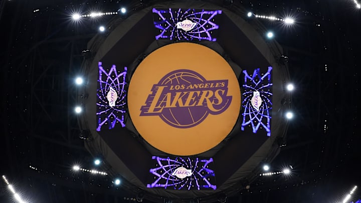 Apr 9, 2024; Los Angeles, California, USA; THe Los Angeles Lakers logo on the video board at Crypto.com Arena. Mandatory Credit: Kirby Lee-Imagn Images Apr 9, 2024; Los Angeles, California, USA; THe Los Angeles Lakers logo on the video board at Crypto.com Arena. Mandatory Credit: Kirby Lee-Imagn Images