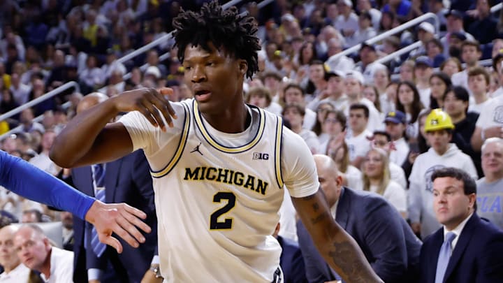 Feb 14, 2026; Ann Arbor, Michigan, USA;  Michigan Wolverines guard L.J. Cason (2) dribbles against the UCLA Bruins at Crisler Center. Mandatory Credit: Rick Osentoski-Imagn Images