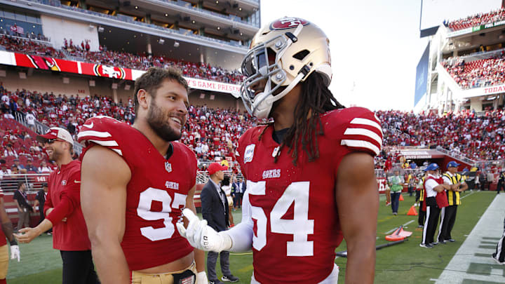 San Francisco 49ers defensive end Nick Bosa (L) and linebacker Fred Warner (R)