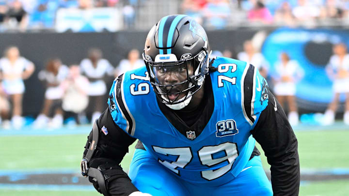 Oct 13, 2024; Charlotte, North Carolina, USA; Carolina Panthers offensive tackle Ikem Ekwonu (79) at the line of scrimmage in the second quarter at Bank of America Stadium. Mandatory Credit: Bob Donnan-Imagn Images Oct 13, 2024; Charlotte, North Carolina, USA; Carolina Panthers offensive tackle Ikem Ekwonu (79) at the line of scrimmage in the second quarter at Bank of America Stadium. Mandatory Credit: Bob Donnan-Imagn Images