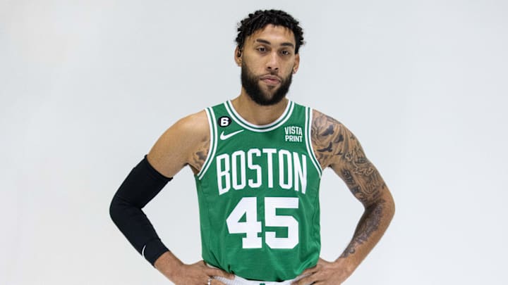 Sep 26, 2022; Boston, MA, USA; Boston Celtics guard Denzel Valentine (45) during Celtics Media Day. Mandatory Credit: Paul Rutherford-Imagn Images