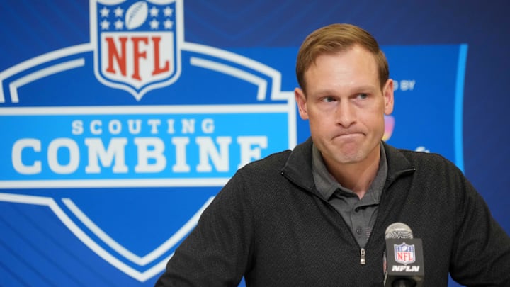 Feb 25, 2025; Indianapolis, IN, USA; Chicago Bears coach Ben Johnson speaks during the NFL Scouting Combine at the Indiana Convention Center. Mandatory Credit: Kirby Lee-Imagn Images