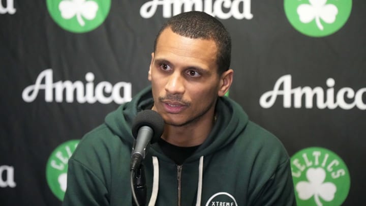 Jan 23, 2025; Los Angeles, California, USA; Boston Celtics coach Joe Mazzulla at a press conference at the Crypto.com Arena. Mandatory Credit: Kirby Lee-Imagn Images