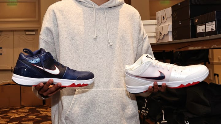 Tyrese Haliburton holds two pairs of the Nike Kobe 4.