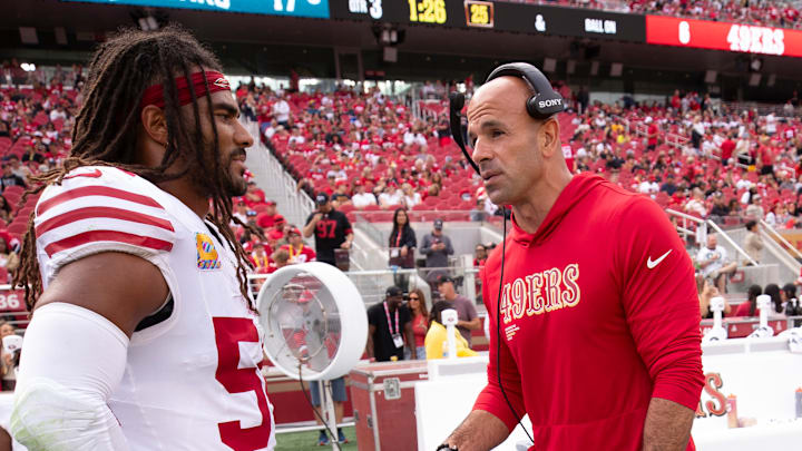 San Francisco 49ers linebacker Fred Warner (L) and defensive coordinator Robert Saleh (R) San Francisco 49ers linebacker Fred Warner (L) and defensive coordinator Robert Saleh (R)