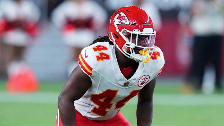 Aug 19, 2023; Glendale, Arizona, USA; Kansas City Chiefs linebacker Cam Jones (44) looks on against the Denver Broncos.