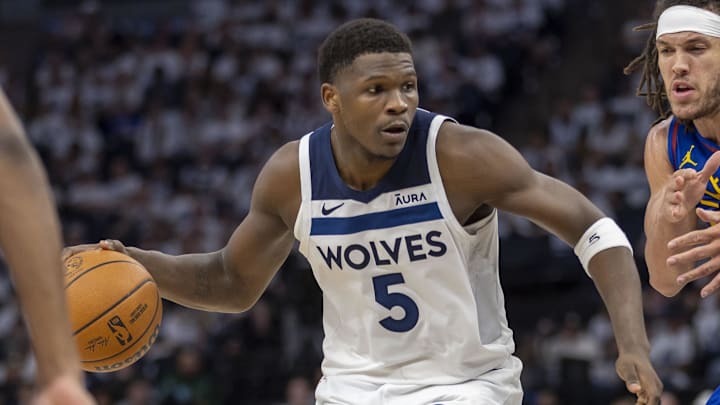 May 10, 2024; Minneapolis, Minnesota, USA; Minnesota Timberwolves guard Anthony Edwards (5) dribbles