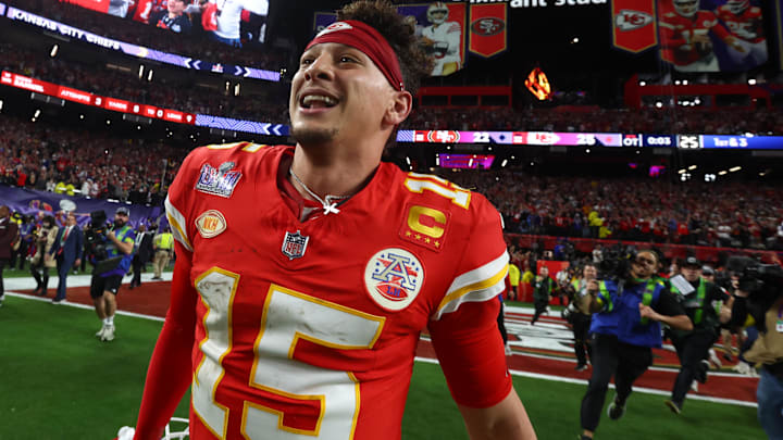 Feb 11, 2024; Paradise, Nevada, USA; Kansas City Chiefs quarterback Patrick Mahomes (15) celebrates