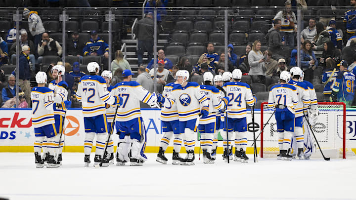 Dec 29, 2024; St. Louis, Missouri, USA;  Buffalo Sabres celebrate after they defeated the St. Louis Blues at Enterprise Center. Mandatory Credit: Jeff Curry-Imagn Images